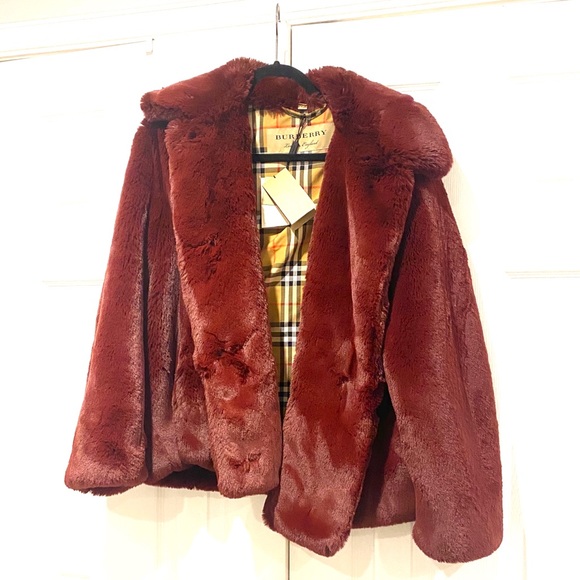 NEW BURBERRY Womens Maroon Alnswick Faux Fur Coat - Picture 2 of 7